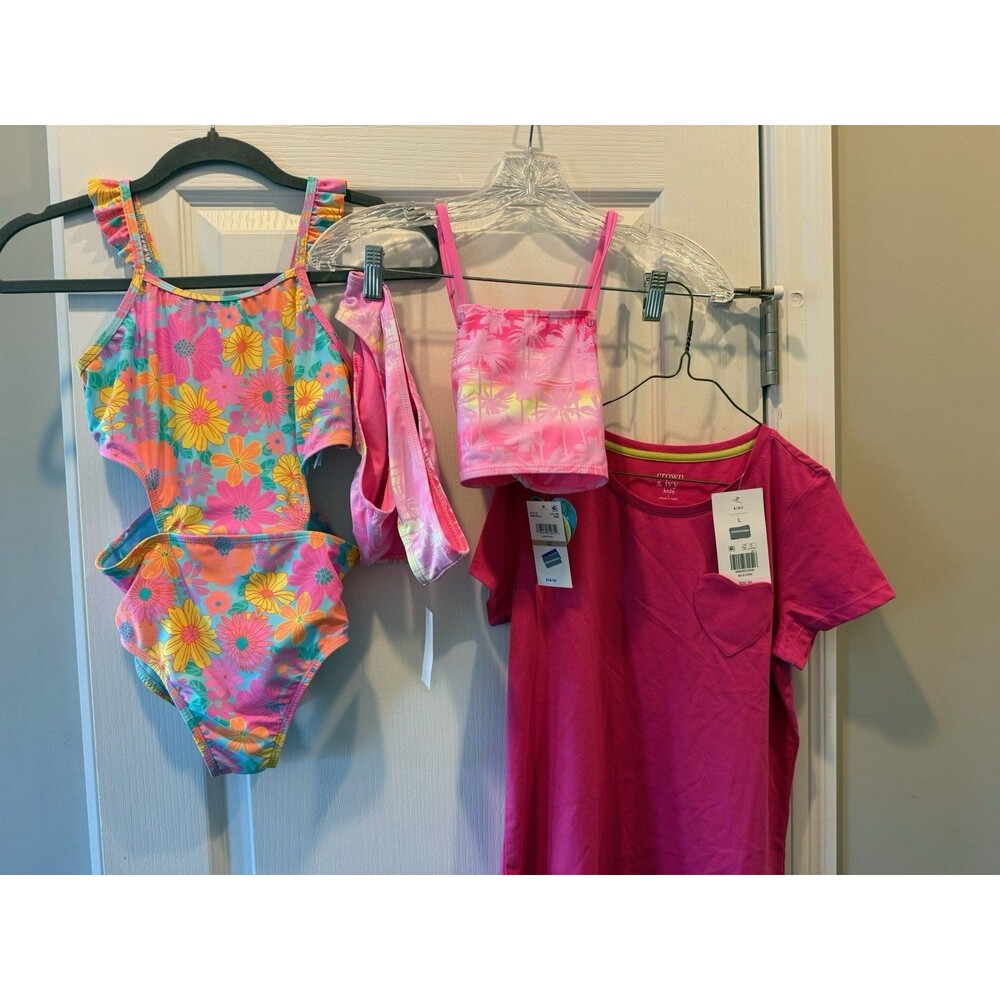 Two Girls Swimsuits Breaking Waves Size 12 & One Large Crown & Ivy Pink Shirt